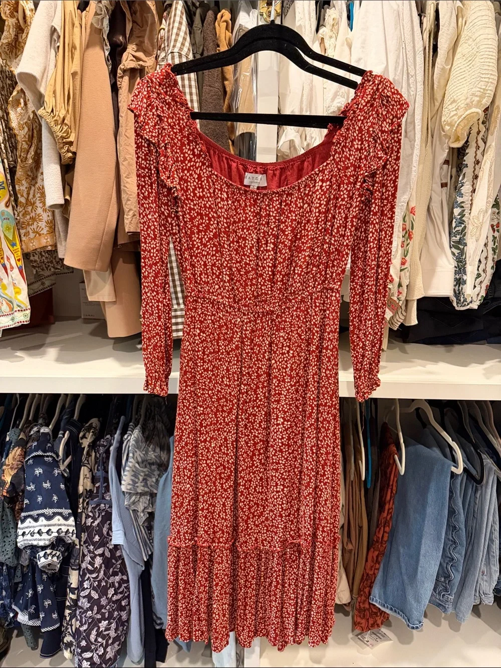 Hayden Red Floral Ruffle-Trim Midi Dress